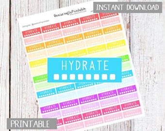 PRINTABLE Rainbow Hydrate Planner Stickers Daily Water Intake Tracker Health Hydrate H2O Planner Stickers Erin Condren Filofax Instant