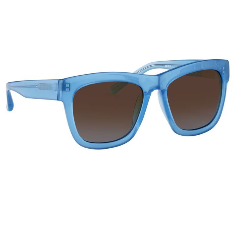K&ouml;nnte beinhalten: Blaue quadratische Sonnenbrille mit braunen Verlaufsgl&auml;sern.