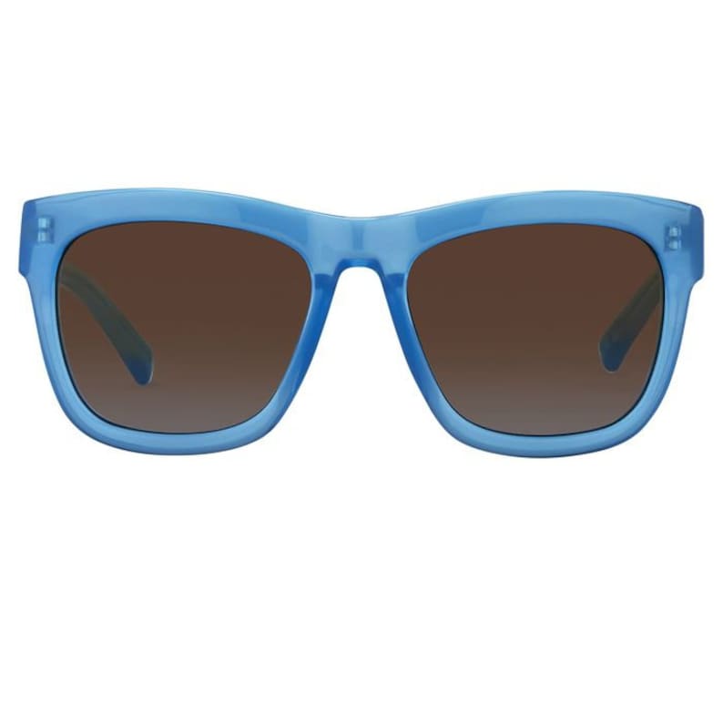 K&ouml;nnte beinhalten: Blaue quadratische Sonnenbrille mit braunen Verlaufsgl&auml;sern.