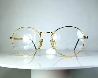Gafas SIMPEX chapadas en oro, montura ovalada redonda Panto, nuevas de antiguo stock.