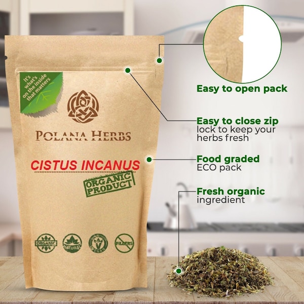 ORGANIC CISTUS INCANUS Rockrose Loose Leaf Herbal Tea, Harvest and Pack by Hand, Caffeine Free, Food Graded Eco Kraft Pack