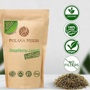 May include: A brown paper bag with a white label that reads "Polana Herbs Raspberry Leaves Organic Product". The bag is surrounded by green and white labels that say "Organic", "100% Natural", "Vegan", and "No Fillers". A pile of dried raspberry leaves is in the bottom right corner of the image.
