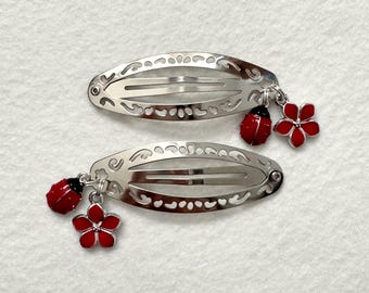 Silver Hair Clip with Red Ladybug & Sakura Flower Charm | Ladybird, Insect, Fairy, Cottage, Twee, Women Girls Hair Accessory, Gifts for Her