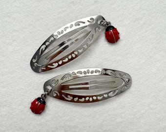 Silver Hair Clip with Red Ladybug Charm | Ladybird, Fairycore, Cottagecore, Springcore, Insect, Women & Girls Hair Accessory, Gifts for Her