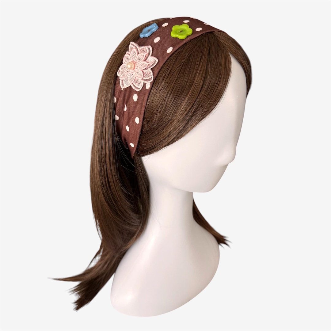 Brown & White Polka Dot Headband With Pink Flower, Blue, Green Flower ...