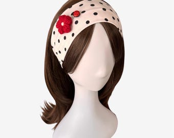 White & Black Polka Dot Headband with Red Flower, Ladybug Button | Ladybird, Insect, Cottage, Women Girls Hair Accessory, Gifts for Her