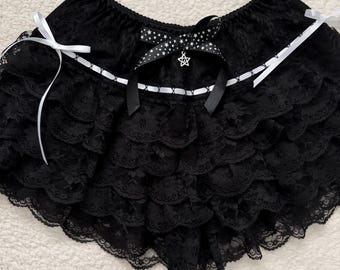 Black Lace Ruffle Bloomer Shorts: Star Bow, Silver Spiral Star Charm | Celestial, Swirl, Grunge, Whimsygoth, Y2K, Alternative, Gifts for Her