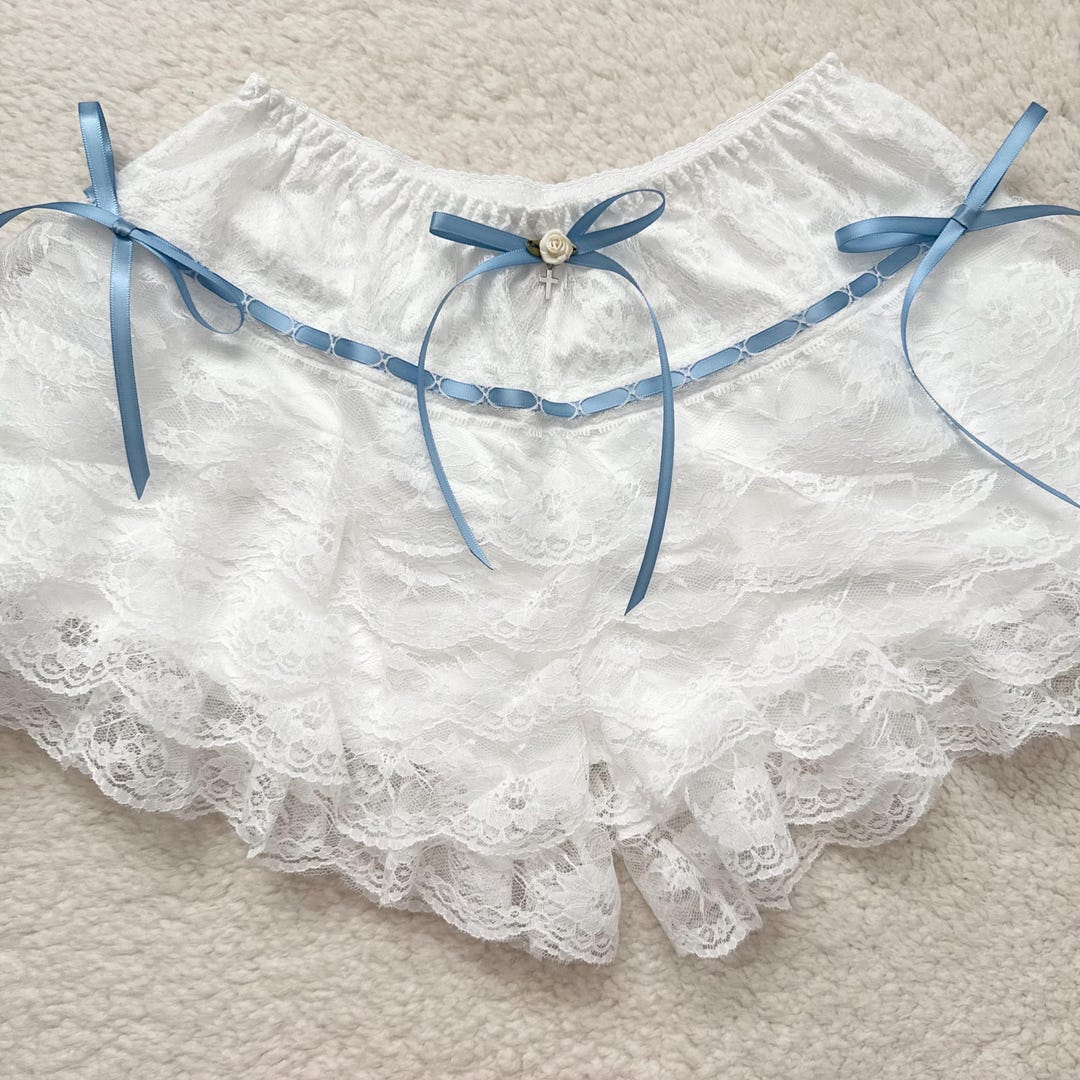 White Lace Ruffle Bloomer Shorts: Cream Rose, Blue Bow | Something Blue ...