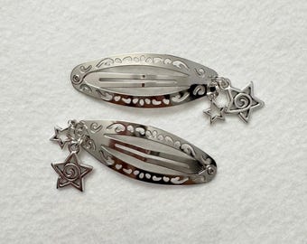 Silver Hair Clip with Star & Spiral Star Charm | Swirl, Celestial, Whimsical, Grunge, Y2K, Cool, Women Girls Hair Accessory, Gifts for Her