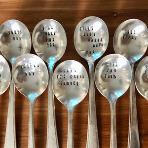Personalizable Stamped Soup spoons with  funny sayings puns