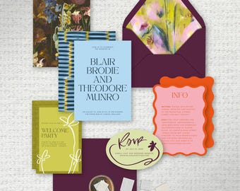 Modèle d'invitation de mariage colorée | Suite de mariage moderne et lumineuse | Invitation champêtre éditoriale | Luxe ludique | Modèle Canva