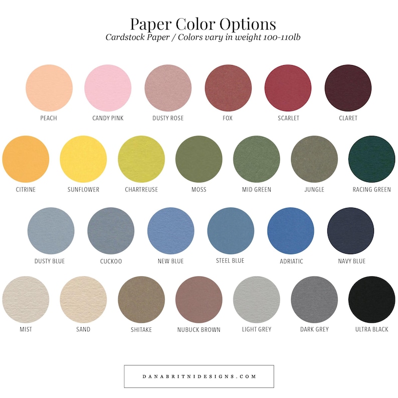 Peut inclure: Un nuancier pr&eacute;sentant des options de couleurs de papier cartonn&eacute;. Le tableau comprend une gamme de couleurs, telles que p&ecirc;che, rose, rose poussi&eacute;reux et vert, chacune &eacute;tant &eacute;tiquet&eacute;e. Le texte "Options de couleurs de papier" est en haut.