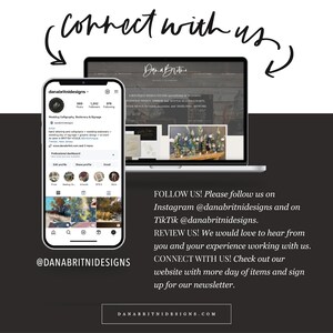 Peut inclure: Un smartphone et un ordinateur portable affichent un site web et un profil Instagram, tous deux faisant la promotion de Dana Brithe Designs. L'image comprend le texte "Connectez-vous avec nous" et les identifiants des m&eacute;dias sociaux.