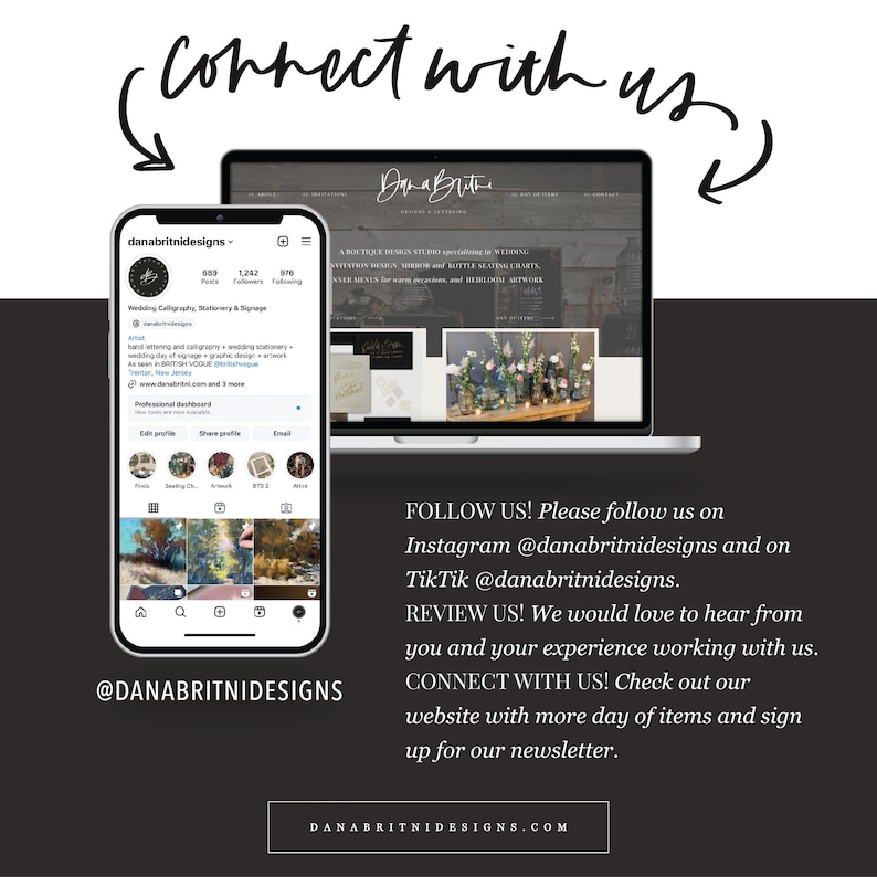 Peut inclure: Un smartphone et un ordinateur portable affichent un site web et un profil Instagram, tous deux faisant la promotion de Dana Brithe Designs. L'image comprend le texte "Connectez-vous avec nous" et les identifiants des m&eacute;dias sociaux.