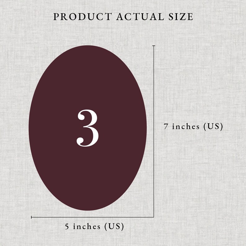 Peut inclure: Un ovale bordeaux avec le chiffre 3 en blanc. L'image comprend le texte "PRODUCT ACTUAL SIZE" en haut. L'ovale mesure 17,78 cm de haut et 12,7 cm de large.