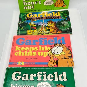 May include: A stack of four Garfield comic books. The top book is green with the title "Garfield eats his heart out". The second book is orange with the title "Garfield in the Rough". The third book is pink with the title "Garfield keeps his chins up". The bottom book is green with the title "Garfield bigger than life".