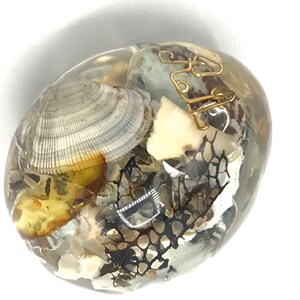 May include: A clear, oval-shaped resin paperweight containing seashells, small stones, and a gold-colored wire design. The paperweight features a variety of textures and colors, including white, beige, brown, and black elements, creating a unique decorative item.