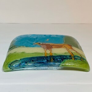 Vintage fused glass art ring dish with a Moose, multicolored image 2