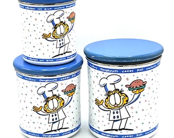 Gorgeous collectible and Vintage Garfield  set of 3 canisters whit 3 lids or separate, metal, chef baking  by Paws.