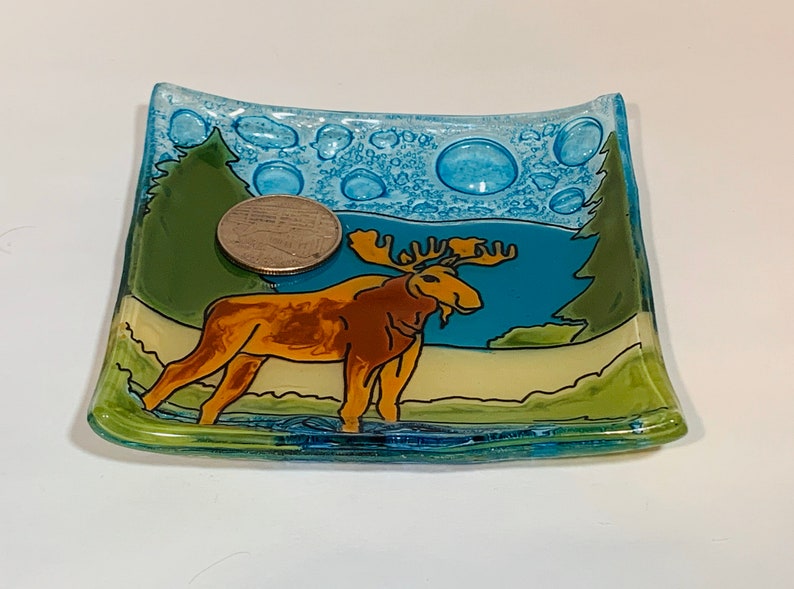 Vintage fused glass art ring dish with a Moose, multicolored image 7