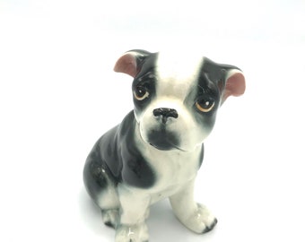Vintage ceramic French Bulldog, white and black, puppy