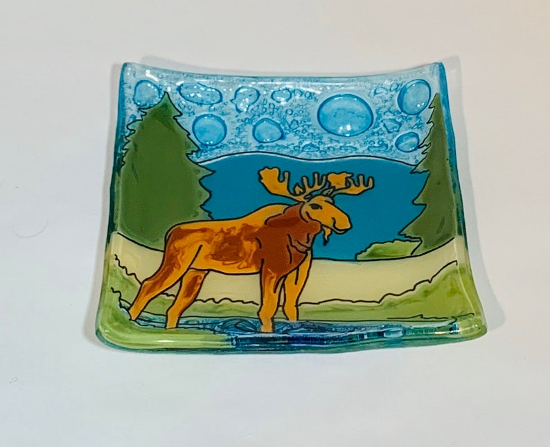 Vintage fused glass art ring dish with a Moose, multicolored image 3