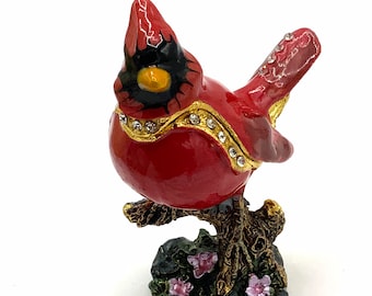 Gorgeous collectible and vintage enamel red bird  red, Cardinal, jewelry box. Trinket.