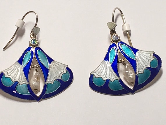 Vintage earrings blue and white pearl, silver 925… - image 1