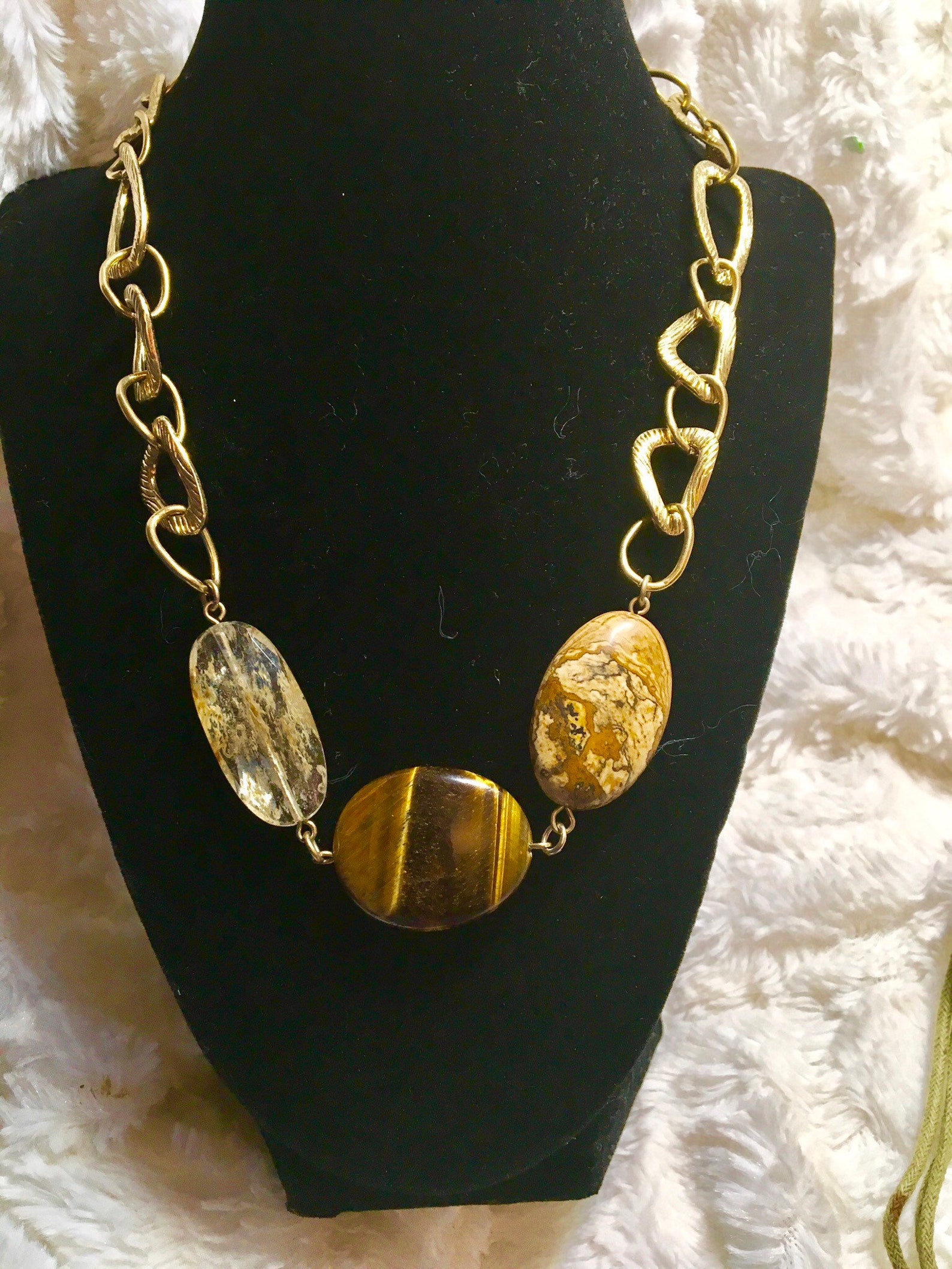 Lia Sophia brown tone necklace tiger eyes stone. Etsy