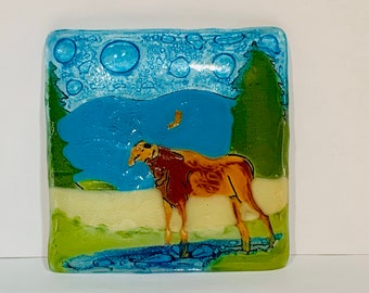 Vintage fused glass art ring dish with a Moose, multicolored