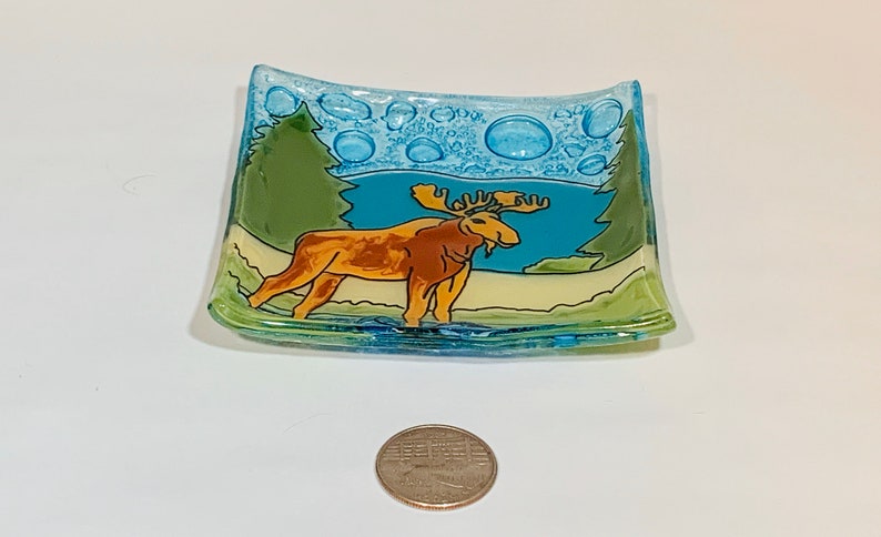 Vintage fused glass art ring dish with a Moose, multicolored image 5