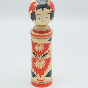 Vintage Asian doll, Japanese doll, wooden, red and black tone