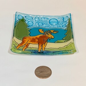 Vintage fused glass art ring dish with a Moose, multicolored image 9