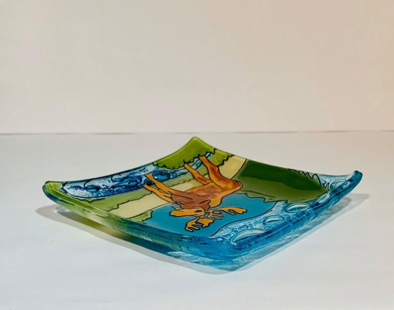 Vintage fused glass art ring dish with a Moose, multicolored image 6