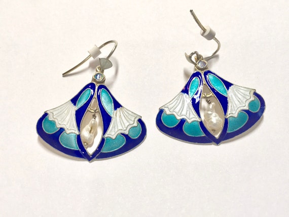 Vintage earrings blue and white pearl, silver 925… - image 7