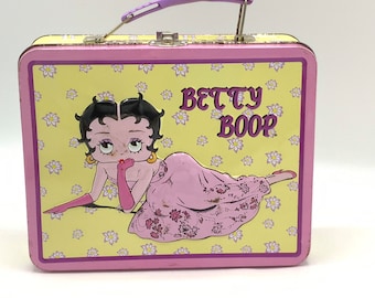 Gorgeous collectible and Vintage Betty Boop lunch box, tin, yellow and pink tones.