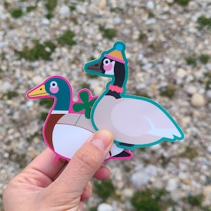 Conjunto de adesivos Bird Buds - Pacote de adesivos fofos de pato e ganso para amantes de animais, adesivo brilhante de ganso bobo, arte colorida de pato da sorte, adesivo de observação de pássaros
