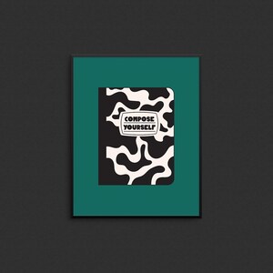 May include: A black and white notebook with a camouflage pattern and the text "Compose Yourself" in a white rectangle.