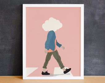 Head In The Clouds Art Print - Daydreaming print, abstract wall art, quirky illustrated art print, colorful hipster art print, 8x10 print