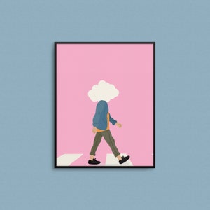 May include: A digital illustration of a person walking across a crosswalk. The person is wearing a blue jacket and has a cloud for a head. The background is pink.