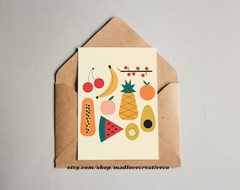 Summer Fruit Card - Fruit lovers gift, quirky food greeting card, blank A2 banana card, colorful food themed card, cute fruity friend card