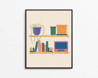 SHELVED 2.0 Illustration - 8x10 still life art print, quirky plant and book shelf print, bright colored living room print, retro radio print