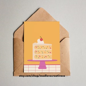 Carte de voeux Tranche de vie - Jolie carte d'anniversaire de gâteau saupoudré, carte d'ami dessert excentrique, carte d'anniversaire de gâteau à carreaux rétro aux couleurs vives