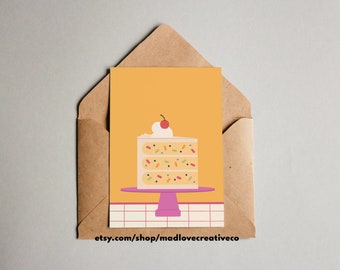 Slice Of Life Greeting Card - Cute sprinkle cake birthday card, quirky dessert friend card, bright colored retro checkered cake bday card
