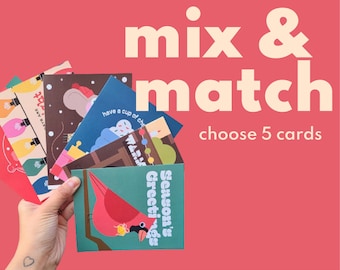 MIX & MATCH - Choose 5 cards, blank neutral holiday card pack for gifting, quirky Christmas gift idea, unique xmas card set for him for her