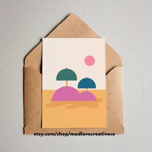 Umbrella Island Greeting Card Fun any occasion card for friends, quirky colorful A2 greeting card, blank abstract landscape art card image 1