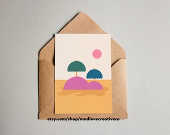 Umbrella Island Greeting Card - Fun any occasion card for friends, quirky colorful A2 greeting card, blank abstract landscape art card