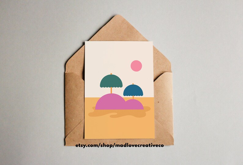 Umbrella Island Greeting Card Fun any occasion card for friends, quirky colorful A2 greeting card, blank abstract landscape art card image 1