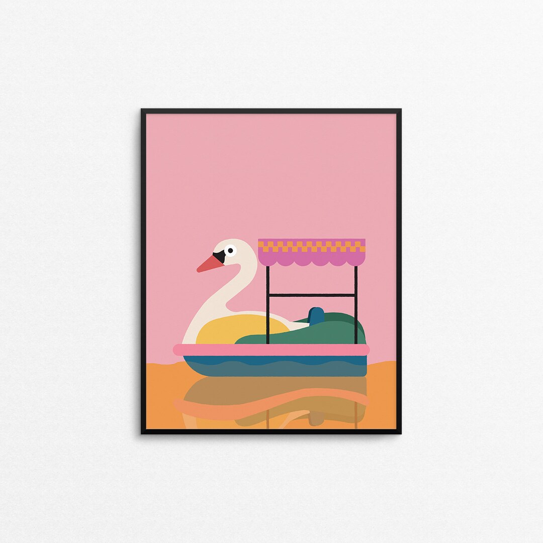 PADDLE BOAT Art Print Quirky Swan Animal Lovers Print, Fun Summer Lake Theme Wall Art, Whimsical