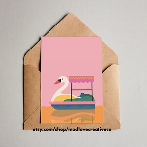 Carte de voeux de bateau à aubes - Carte de cygne et d'oiseau amusante pour toutes les occasions, carte vierge A2 pour les amoureux des animaux, jolie carte aux couleurs vives juste parce que les amis